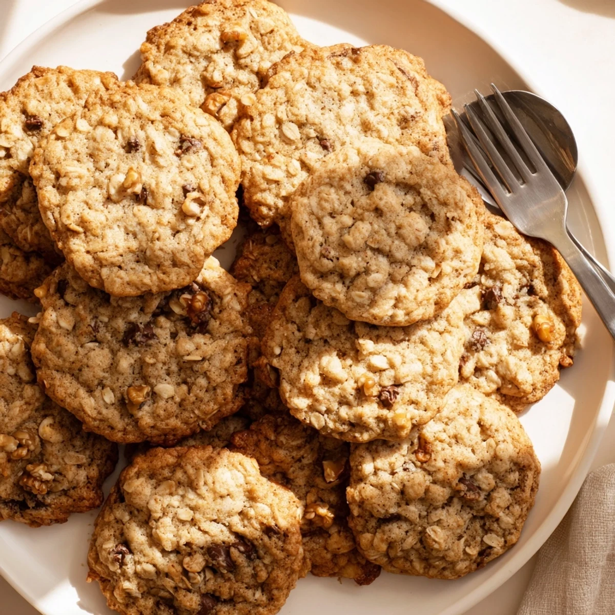 Chewy brown butter oat cookies with toasted edges and melty chocolate centers