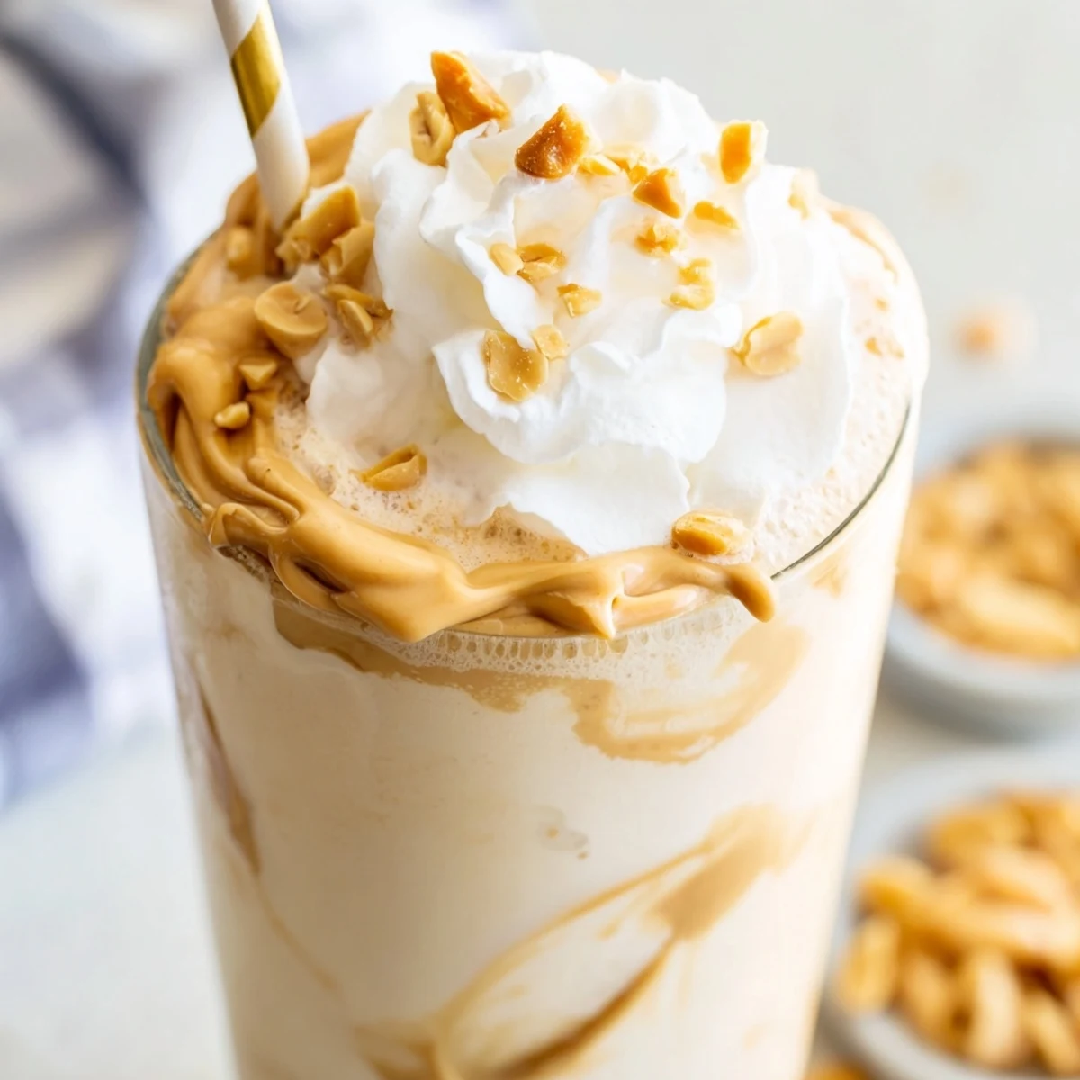 Rich peanut butter milkshake served in a chilled glass with crushed peanut garnish