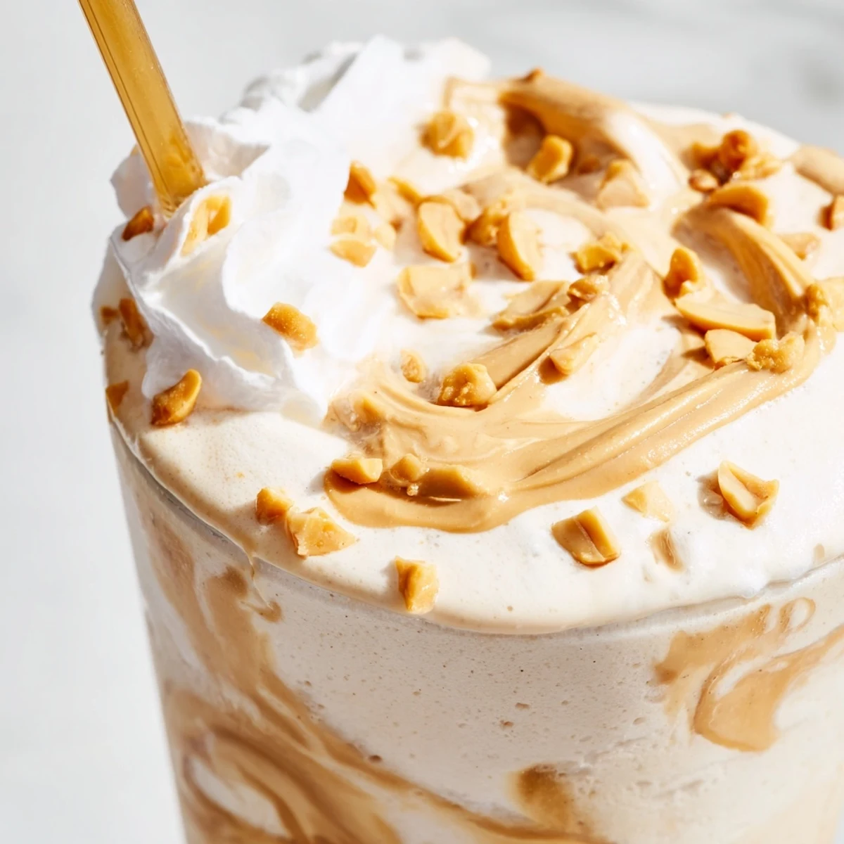 Tall glass of creamy Five Guys-style peanut butter milkshake topped with whipped cream