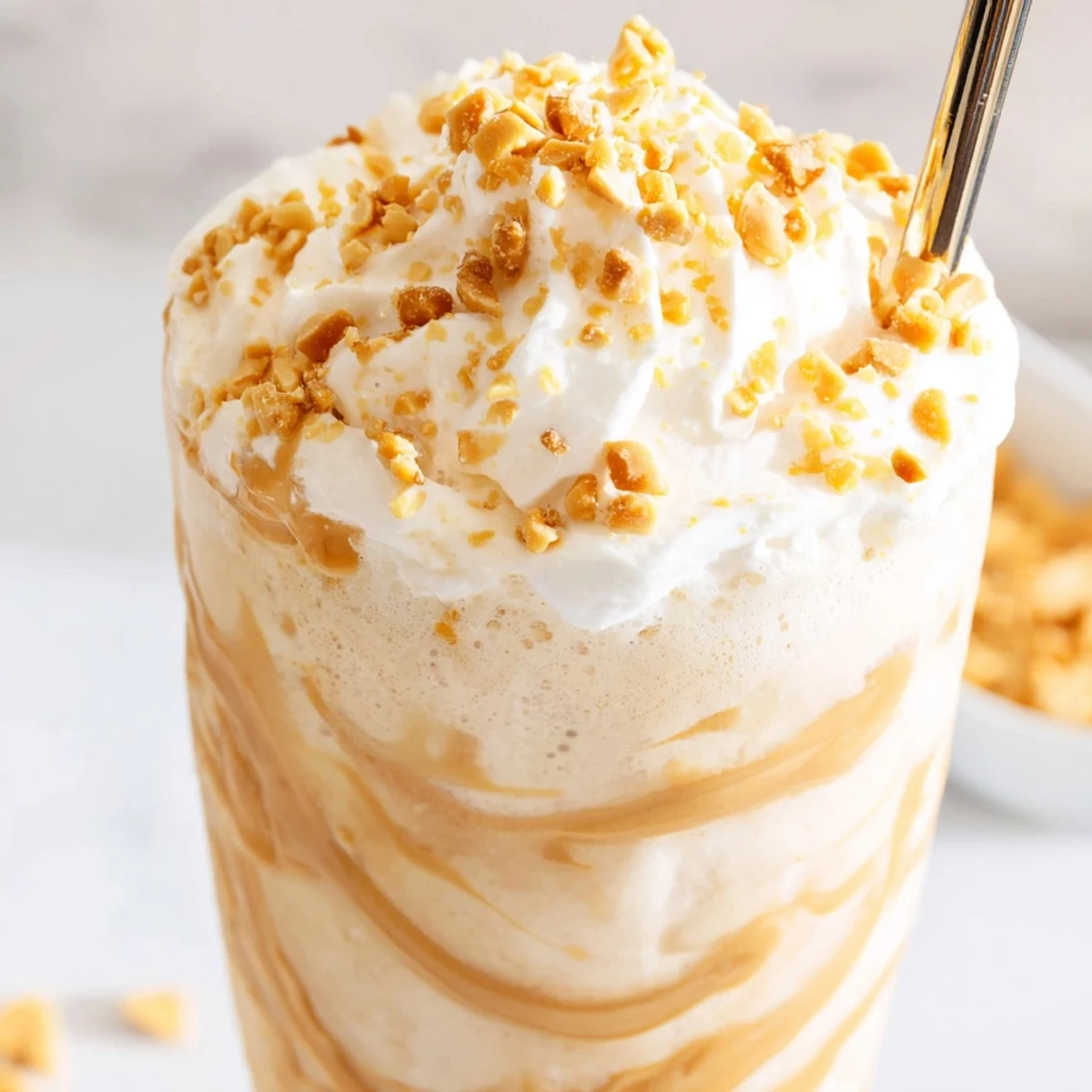 Thick vanilla peanut butter shake with whipped cream topping and chocolate syrup drizzle