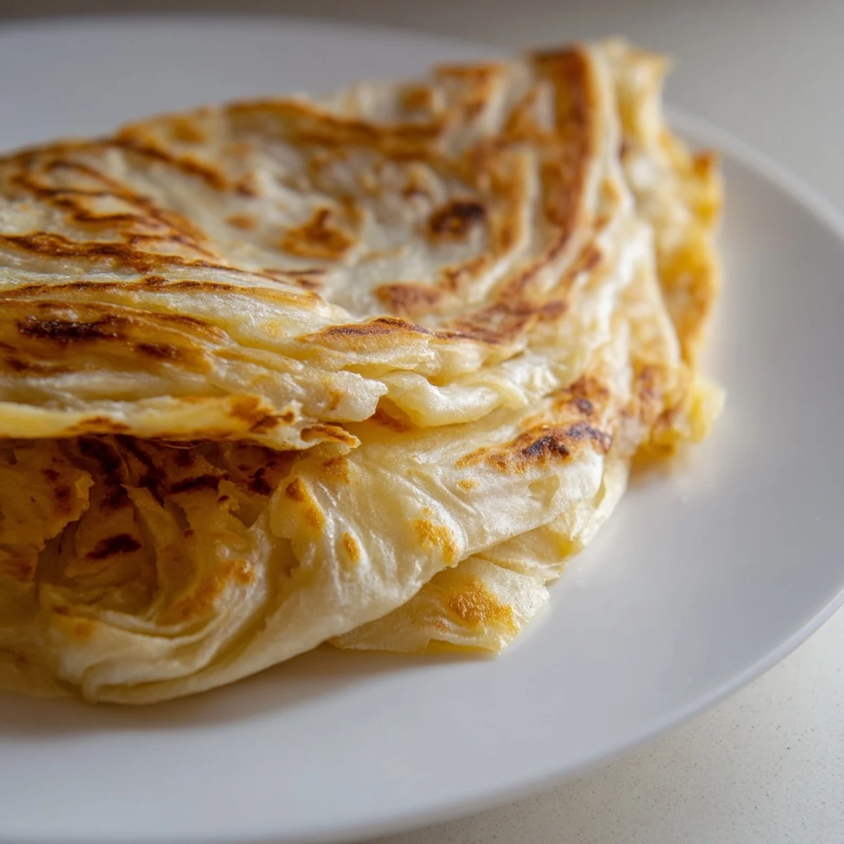 Golden flaky roti canai with crispy layers on a rustic wooden serving board