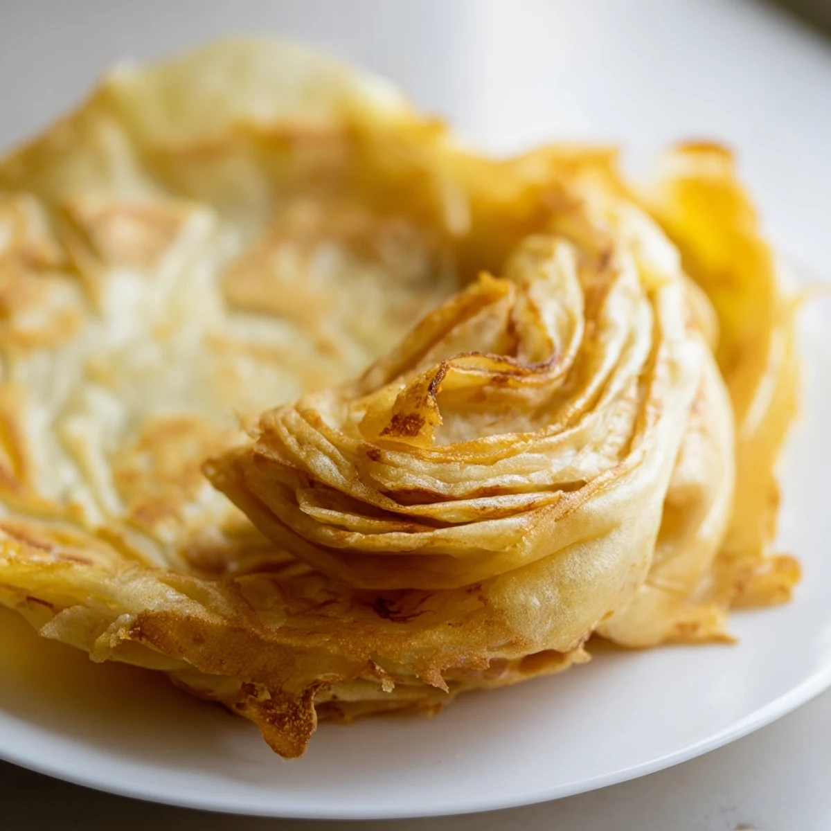 Hand-stretched roti canai sizzling in a skillet with golden brown spotted surface