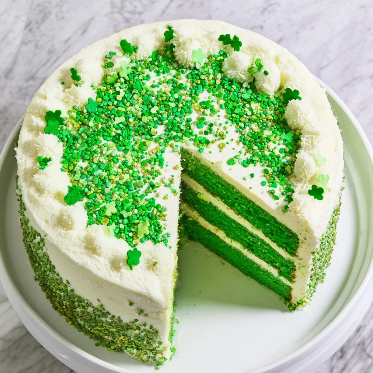 Festive green St. Patricks Day cake layered with creamy vanilla frosting and topped with shamrock decorations