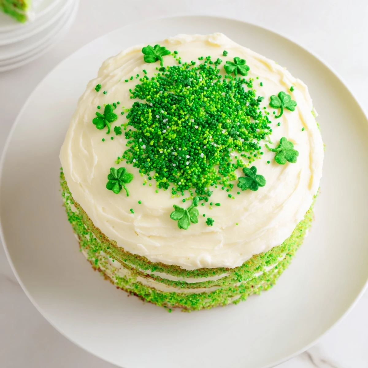 Vibrant triple-layer St. Patricks Day cake with bright green sponge and smooth white buttercream frosting