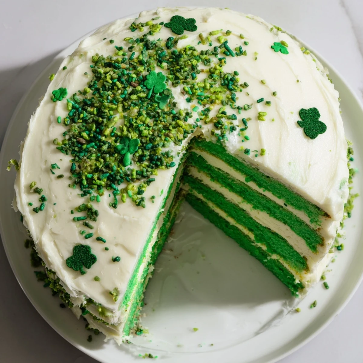 Slice of green St. Patricks Day cake showing moist colored layers and thick vanilla buttercream between tiers