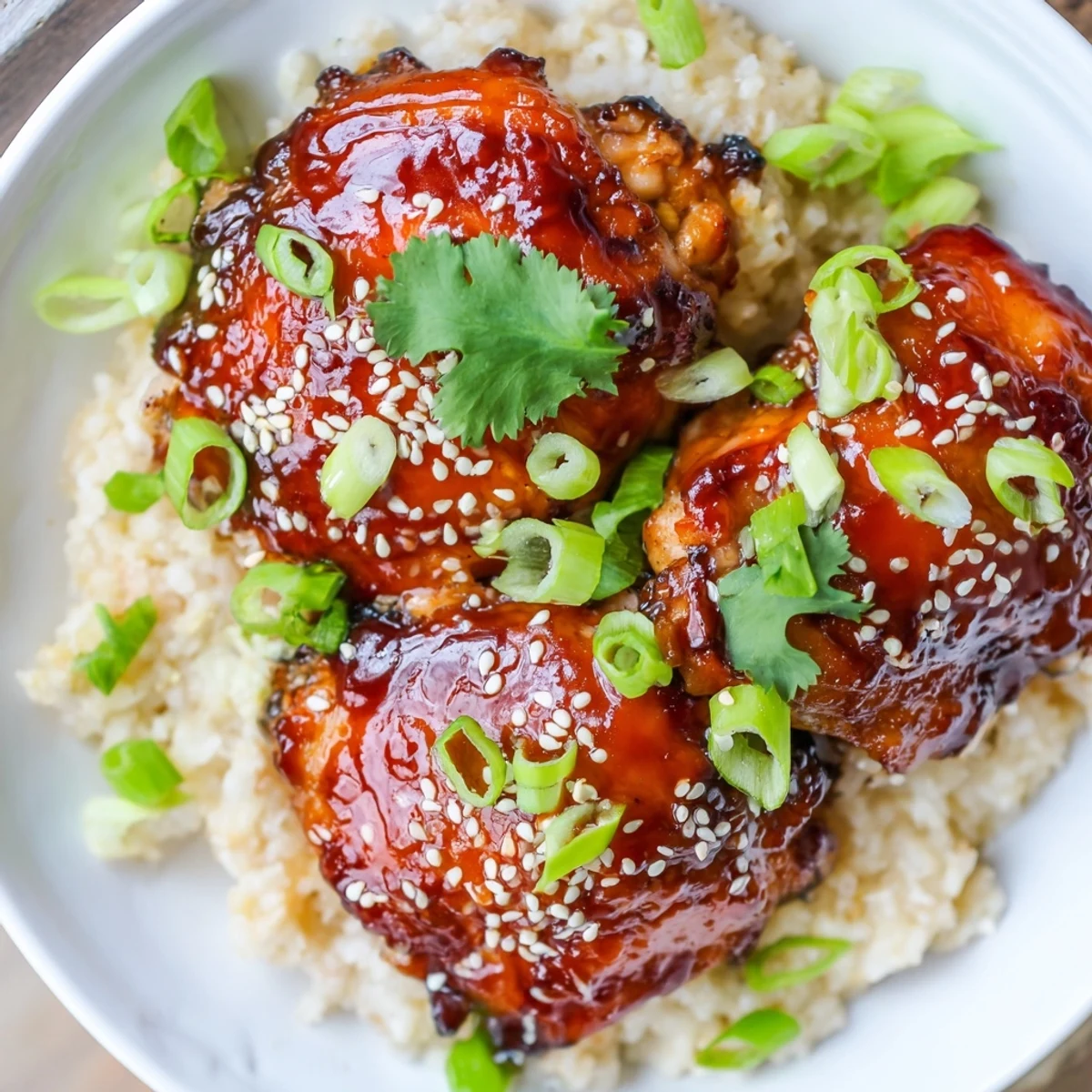 Golden glazed spicy maple chicken thighs resting atop fluffy coconut rice with fresh green onion garnish