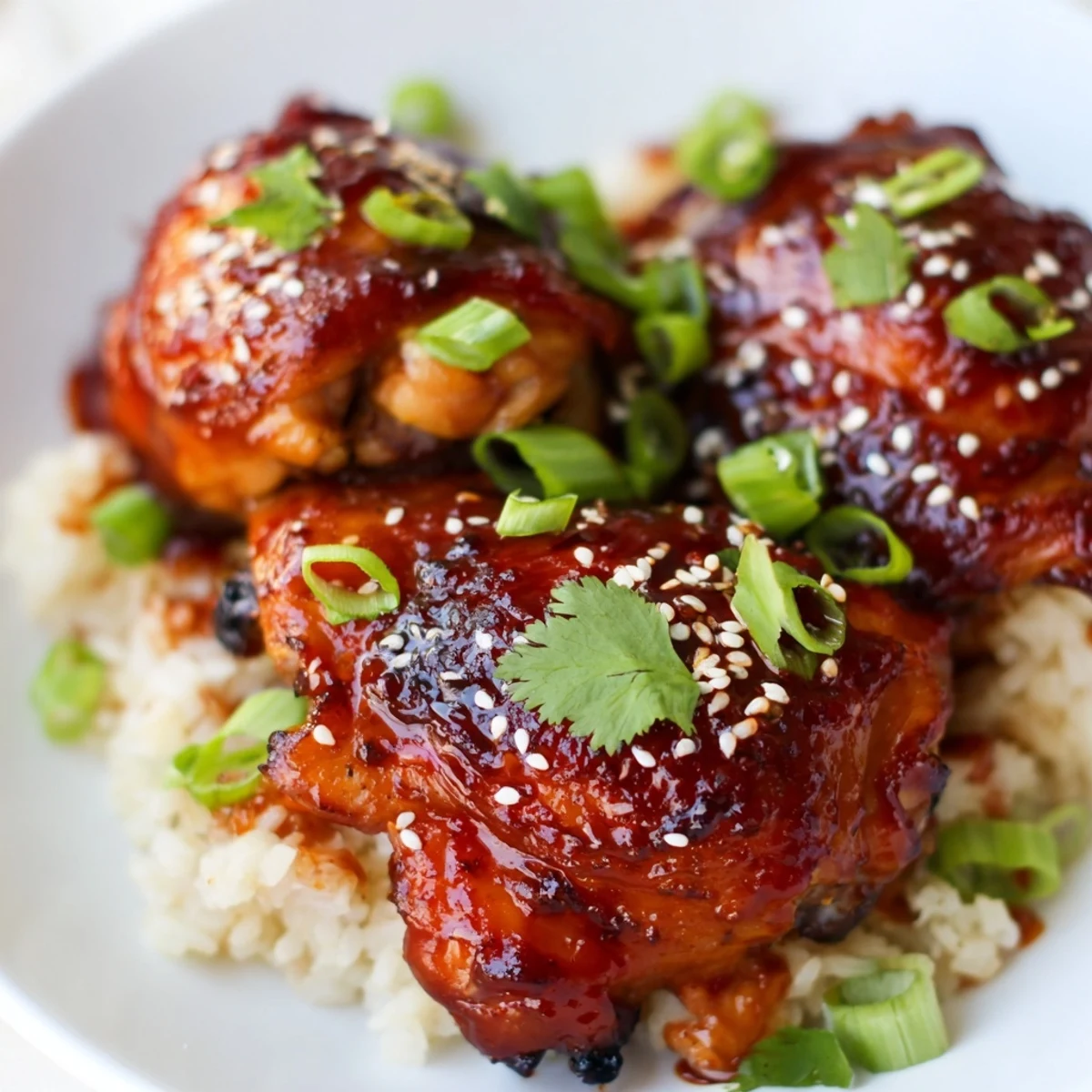 Caramelized chicken with spicy maple sauce drizzled over creamy coconut rice sprinkled with sesame seeds