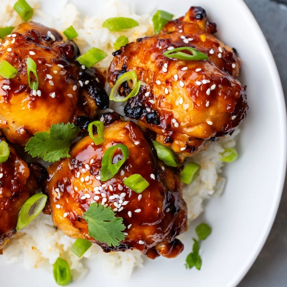 Tender chicken pieces coated in sweet spicy maple glaze served over fragrant coconut rice bowl