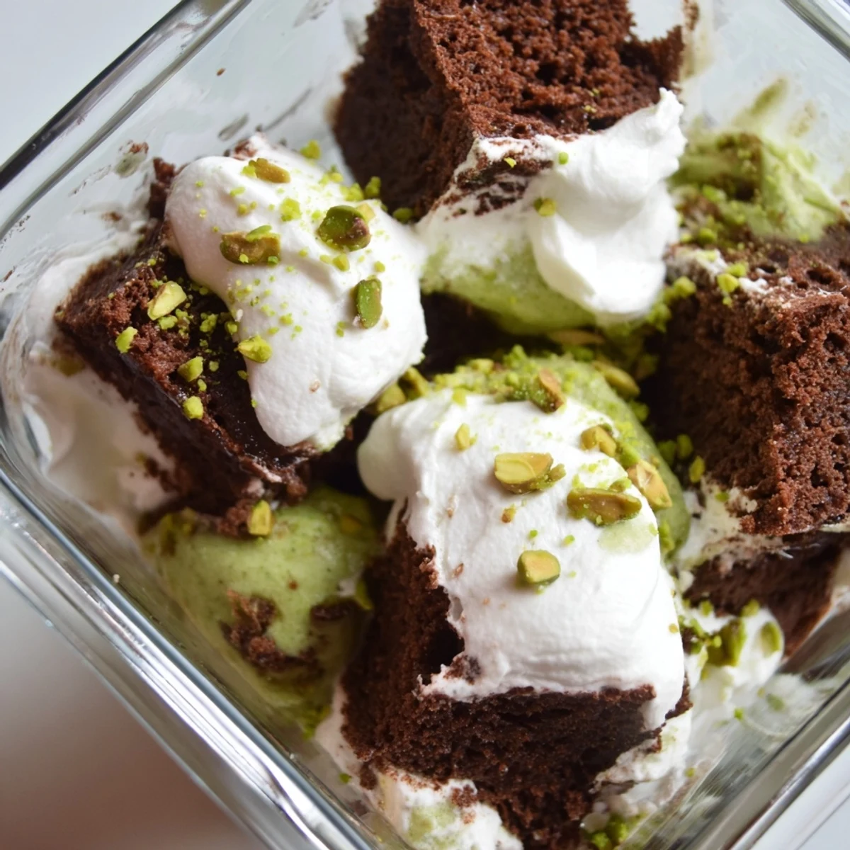 Glass trifle bowl showcasing St. Patricks Day brownie trifle with layers of chocolate brownie cubes, bright green pistachio pudding, and fluffy white whipped cream topped with green sprinkles