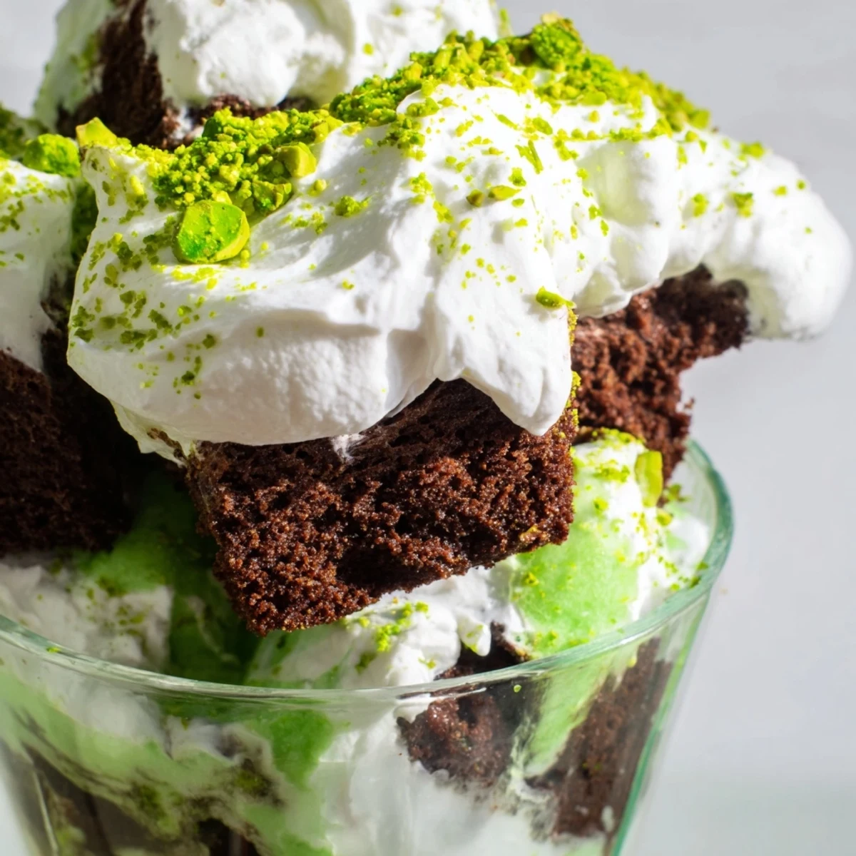 Spoon scooping layered St. Patricks Day brownie trifle from a clear glass dish revealing rich chocolate brownie chunks, creamy green pudding, and sweet whipped cream