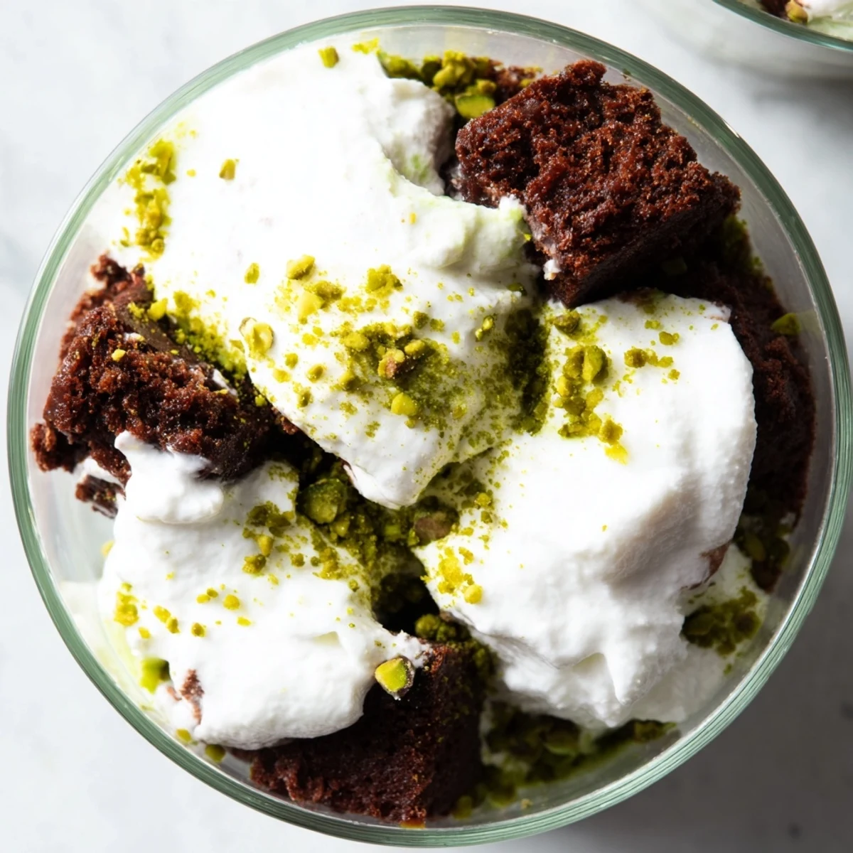 Individual jar of St. Patricks Day brownie trifle displaying alternating horizontal stripes of fudgy brownie pieces, vibrant green pistachio pudding, and vanilla whipped cream garnished with chocolate shavings