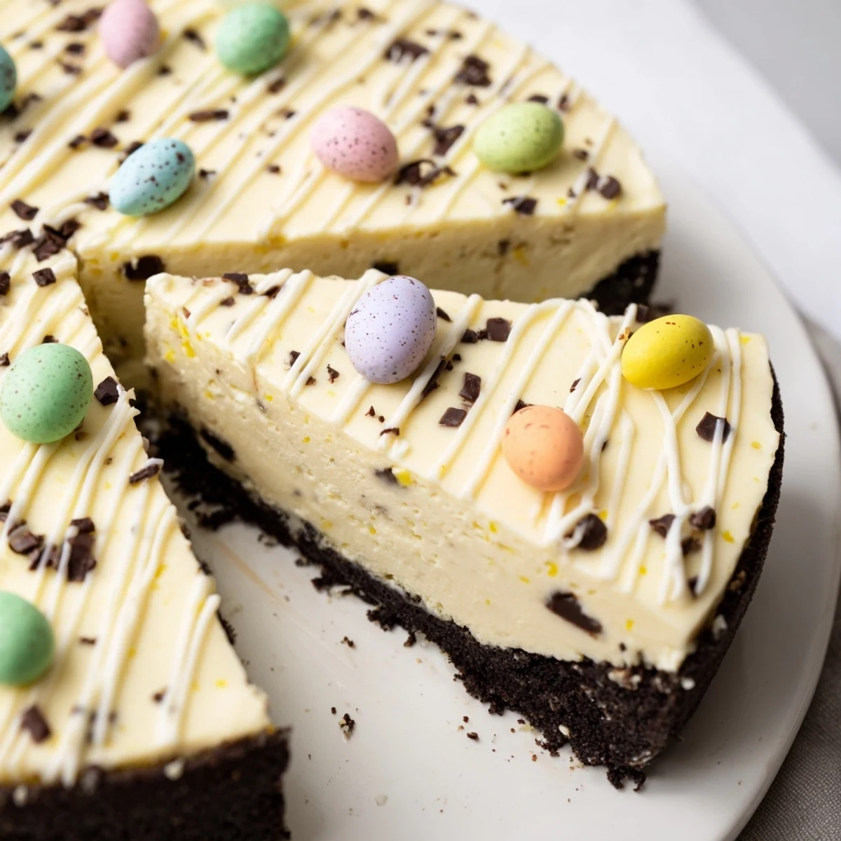 Creamy Easter Egg Cheesecake topped with colorful mini chocolate eggs on a dark cookie crust