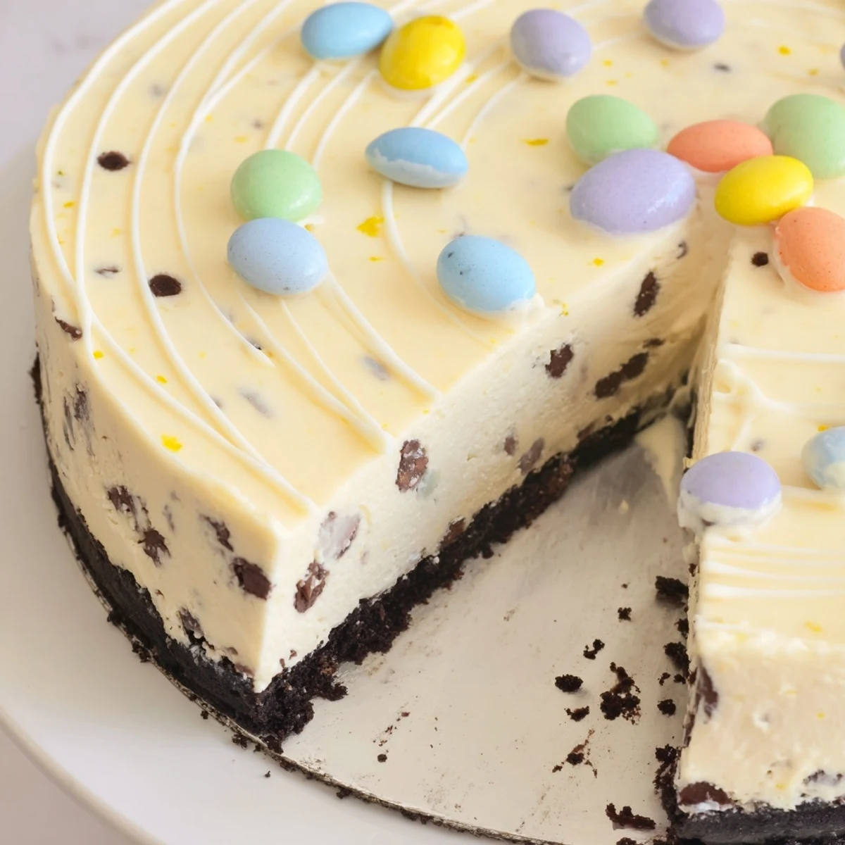 Slice of velvety Easter Egg Cheesecake decorated with pastel chocolate eggs for spring dessert