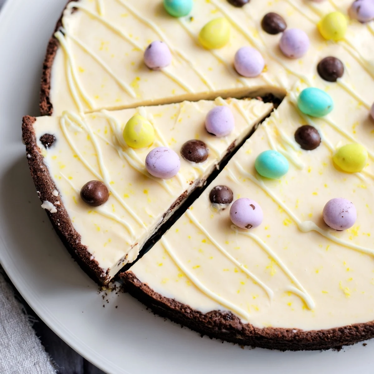 Easter Egg Cheesecake with smooth vanilla filling and festive chocolate Easter egg garnish