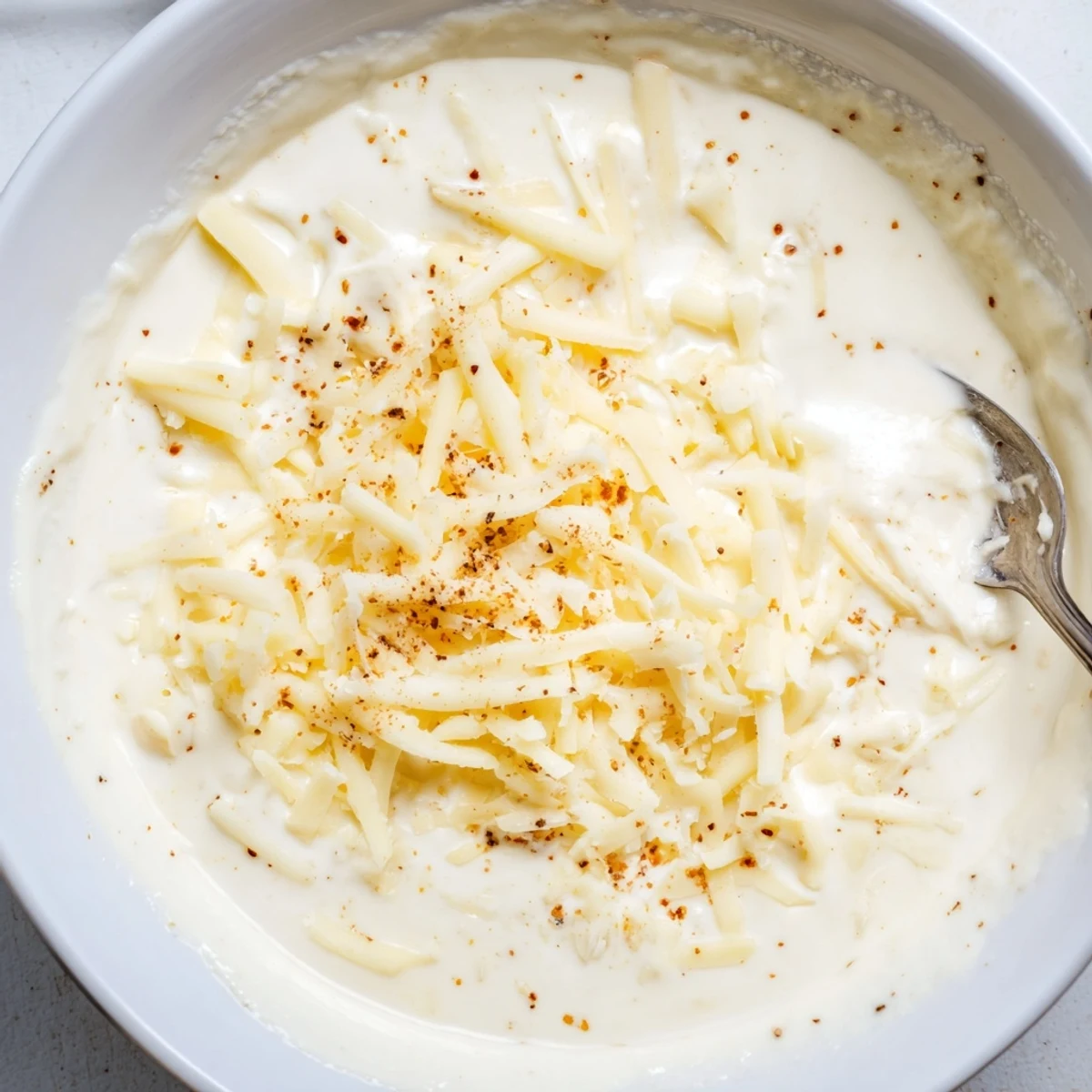 Golden cheese dip for pretzels in a white serving bowl with melted cheddar and mozzarella