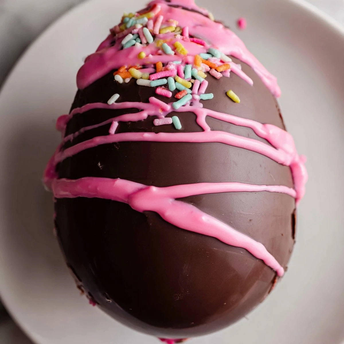 Colorful Cool Whip Easter eggs drizzled with pastel candy melts and festive sprinkles on a white plate