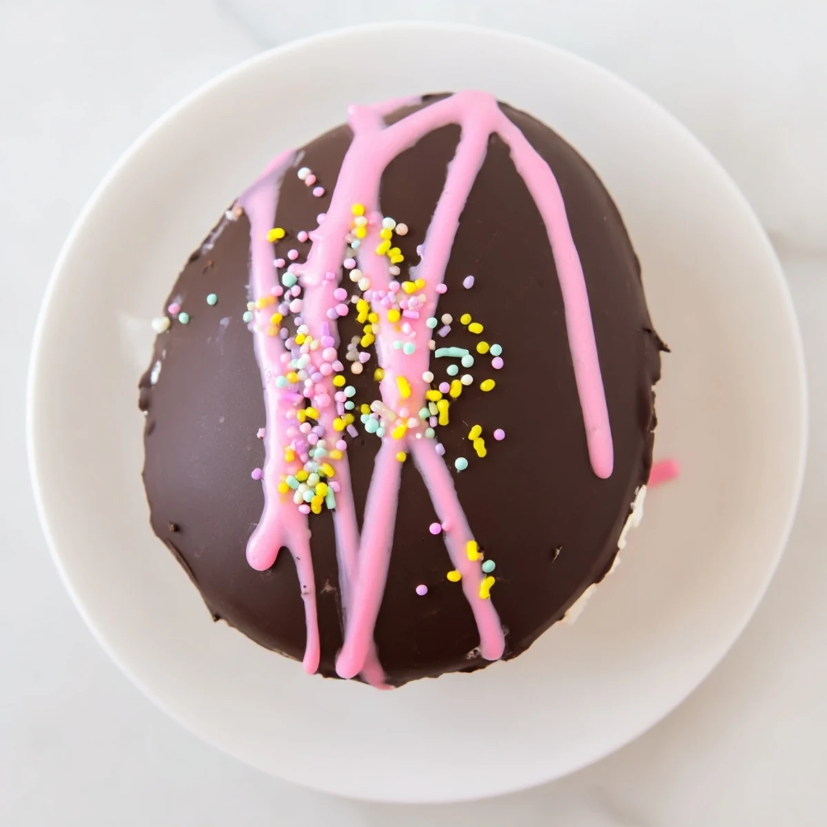 Hand-shaped white cream filled Cool Whip Easter eggs dipped in melted chocolate with colorful swirled decorations