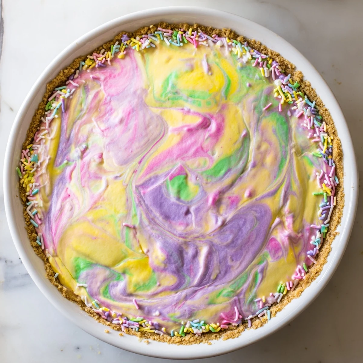 Festive Easter Swirl Pie with creamy pastel vanilla filling in a golden cookie crust