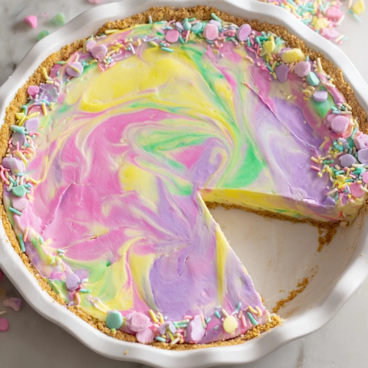 Sliced Easter Swirl Pie showing swirled pink yellow and purple cream cheese filling