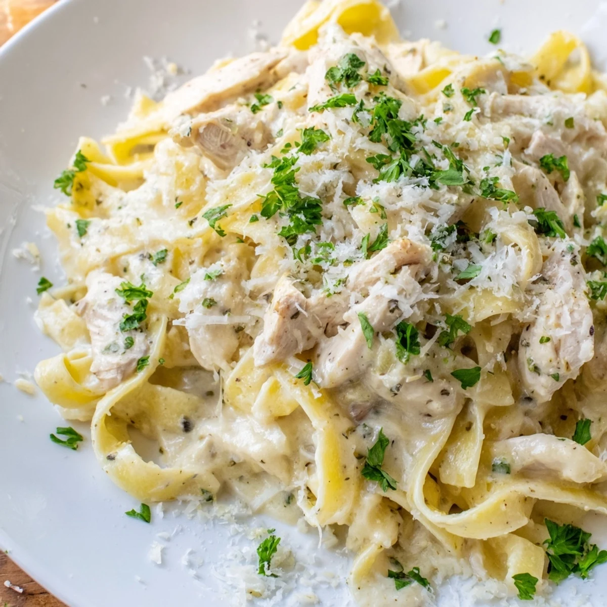 Golden sliced chicken resting on bed of garlicky parmesan pasta in white cream sauce with chopped parsley