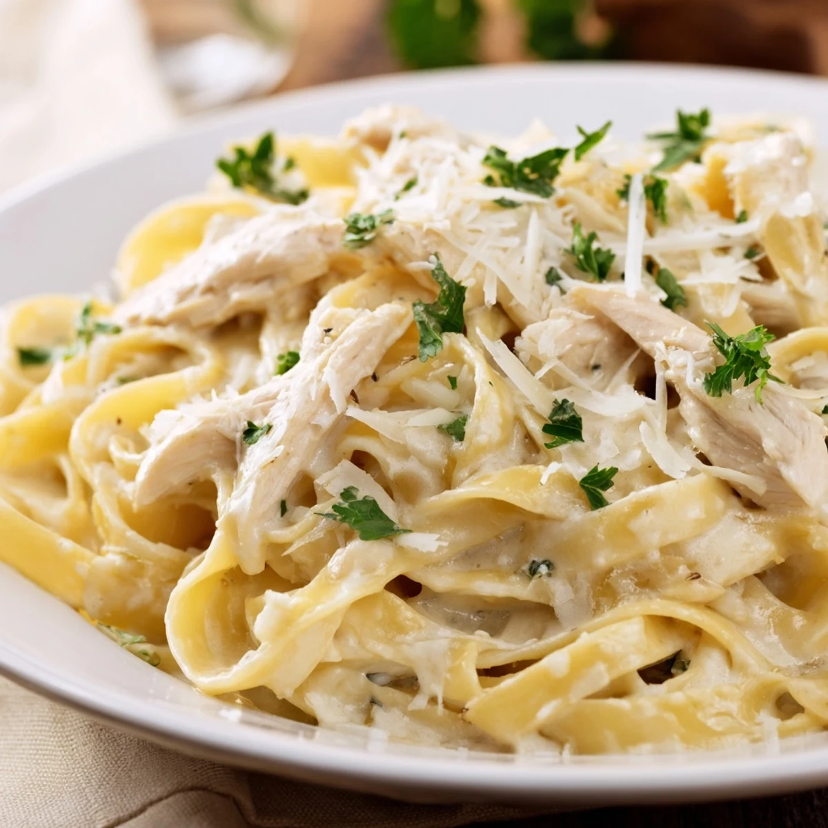 Creamy garlic parmesan chicken pasta tossed in rich white sauce with sliced chicken breast and fresh parsley garnish