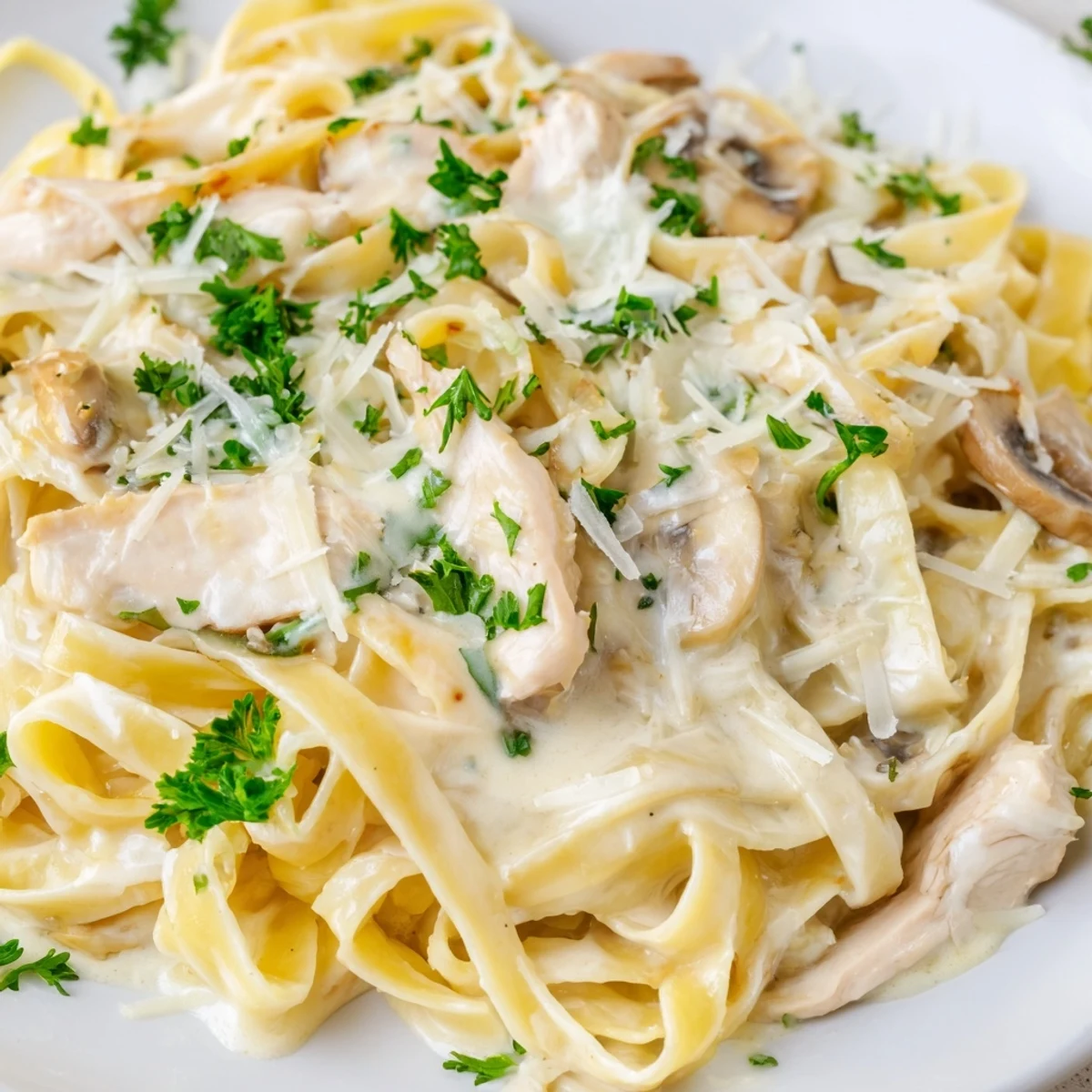 Homemade garlic parmesan chicken pasta featuring tender meat in creamy cheese sauce topped with fresh green parsley