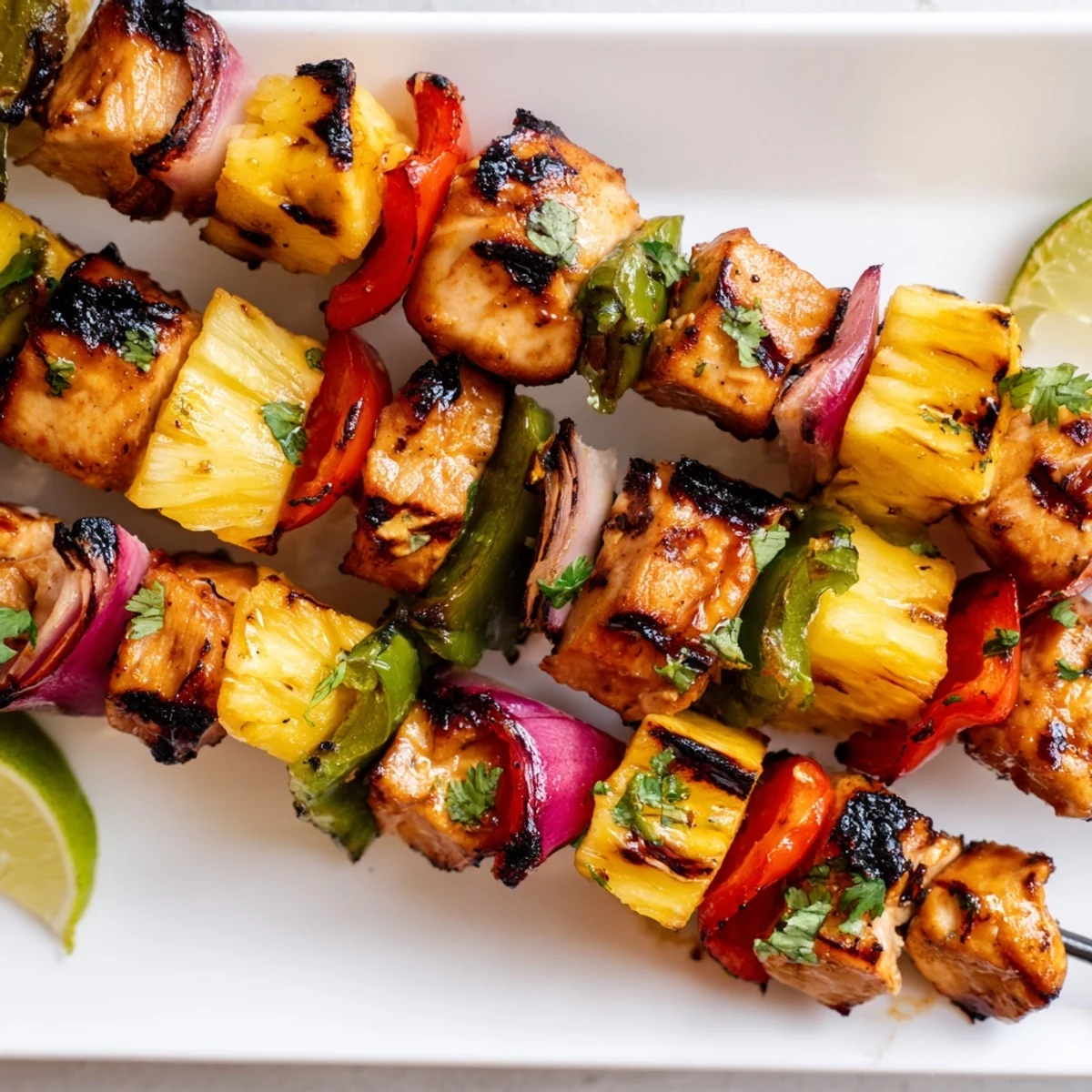Golden grilled pineapple chicken kabops threaded on skewers with colorful bell peppers and red onion pieces