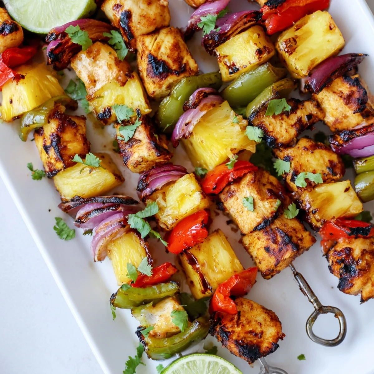 Tender marinated chicken and sweet pineapple chunks charred to perfection on metal skewers over grill grates