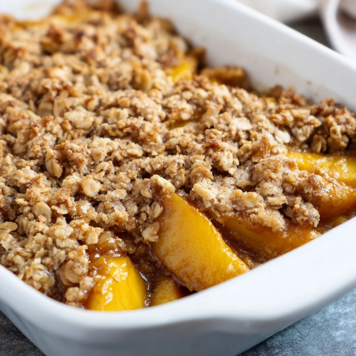 Golden baked cinnamon spiced peach crumble topped with buttery oat crumble and bubbling fruit filling