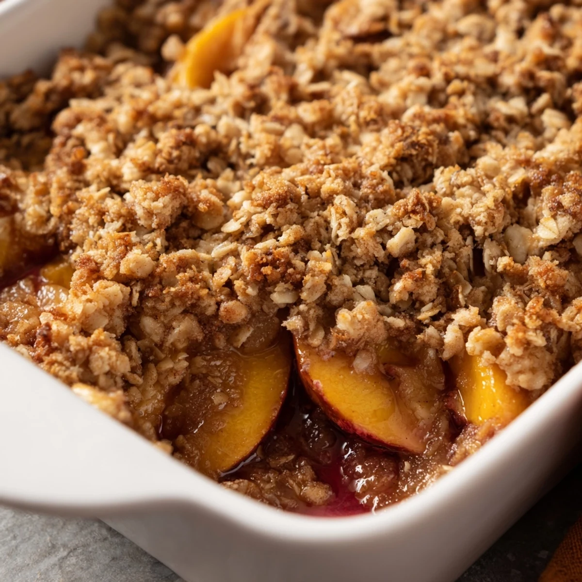 Warm peach crumble dessert with juicy cinnamon peaches beneath a crispy golden brown oat topping