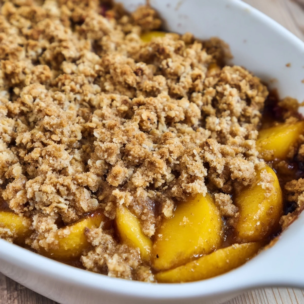 Comforting homemade cinnamon spiced peach crumble served fresh from the oven with vanilla ice cream