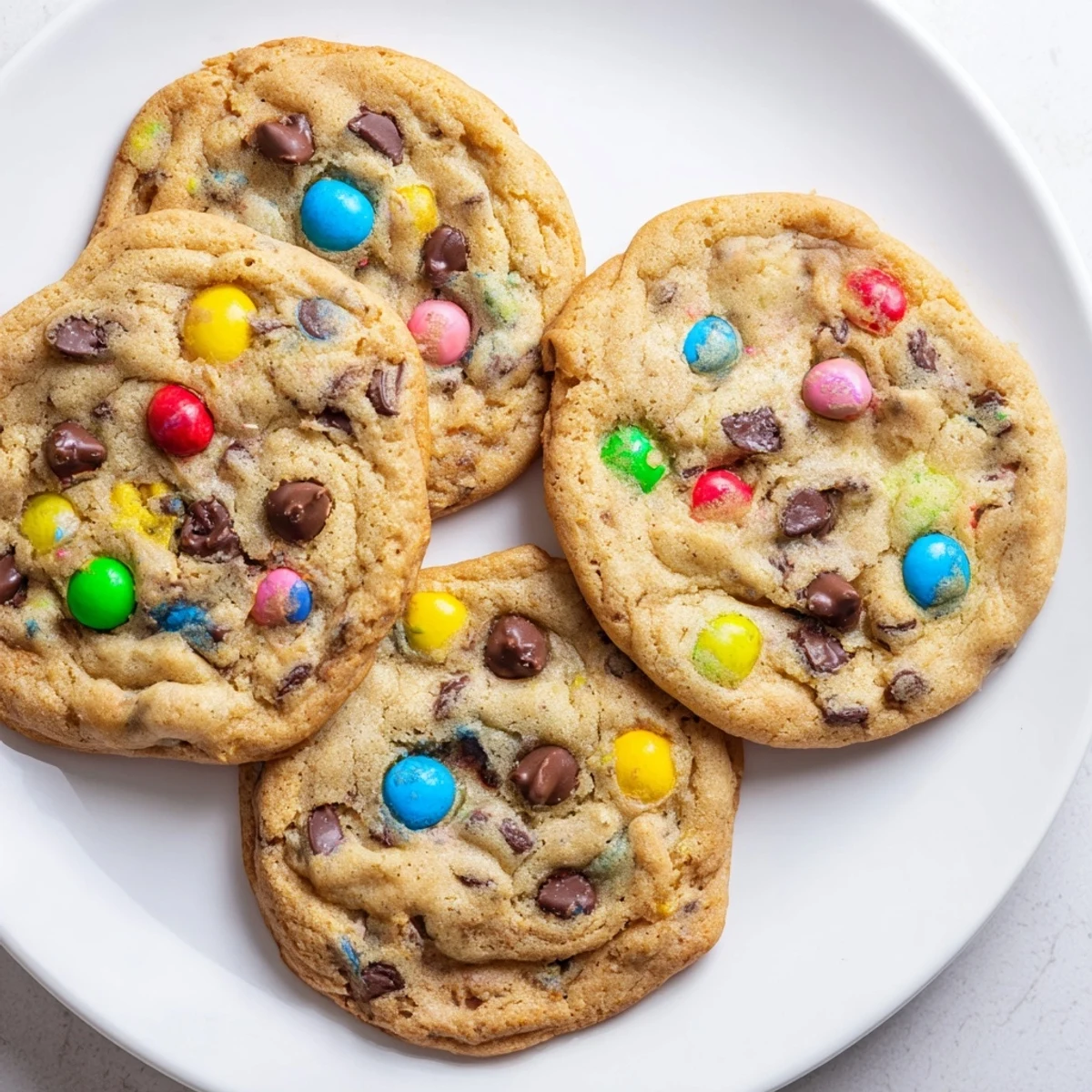 Golden brown mini egg cookies with colorful chocolate candies and slightly chewy centers