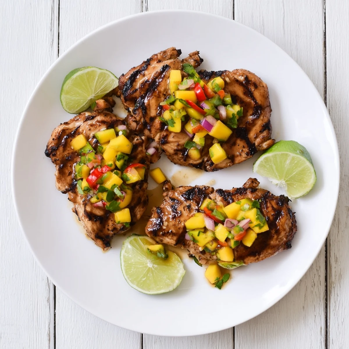 Golden grilled honey lime chicken breasts topped with colorful fresh mango salsa and cilantro