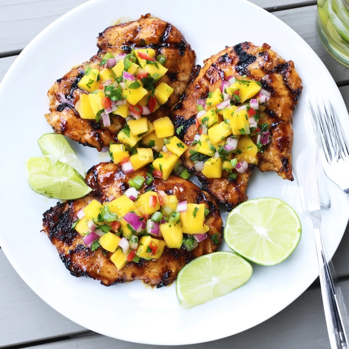 Juicy honey lime chicken with tropical mango salsa served on a white plate