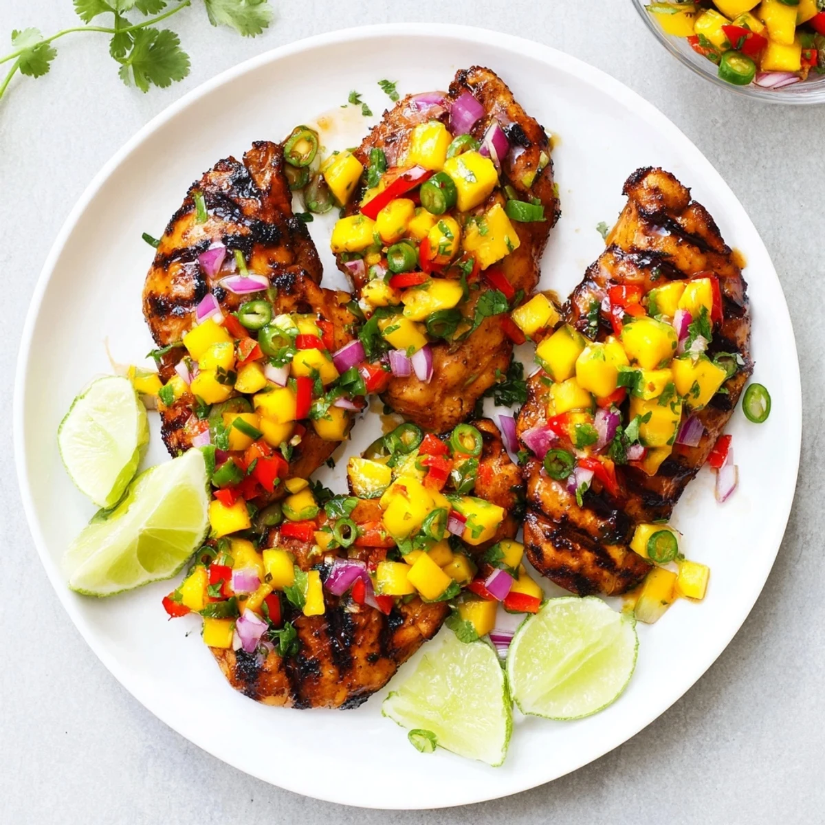 Summer grilled honey lime chicken drizzled with marinade and topped with vibrant mango salsa