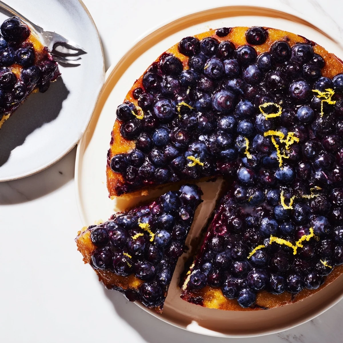 Golden blueberry upside down cake with caramelized fruit topping on a serving plate