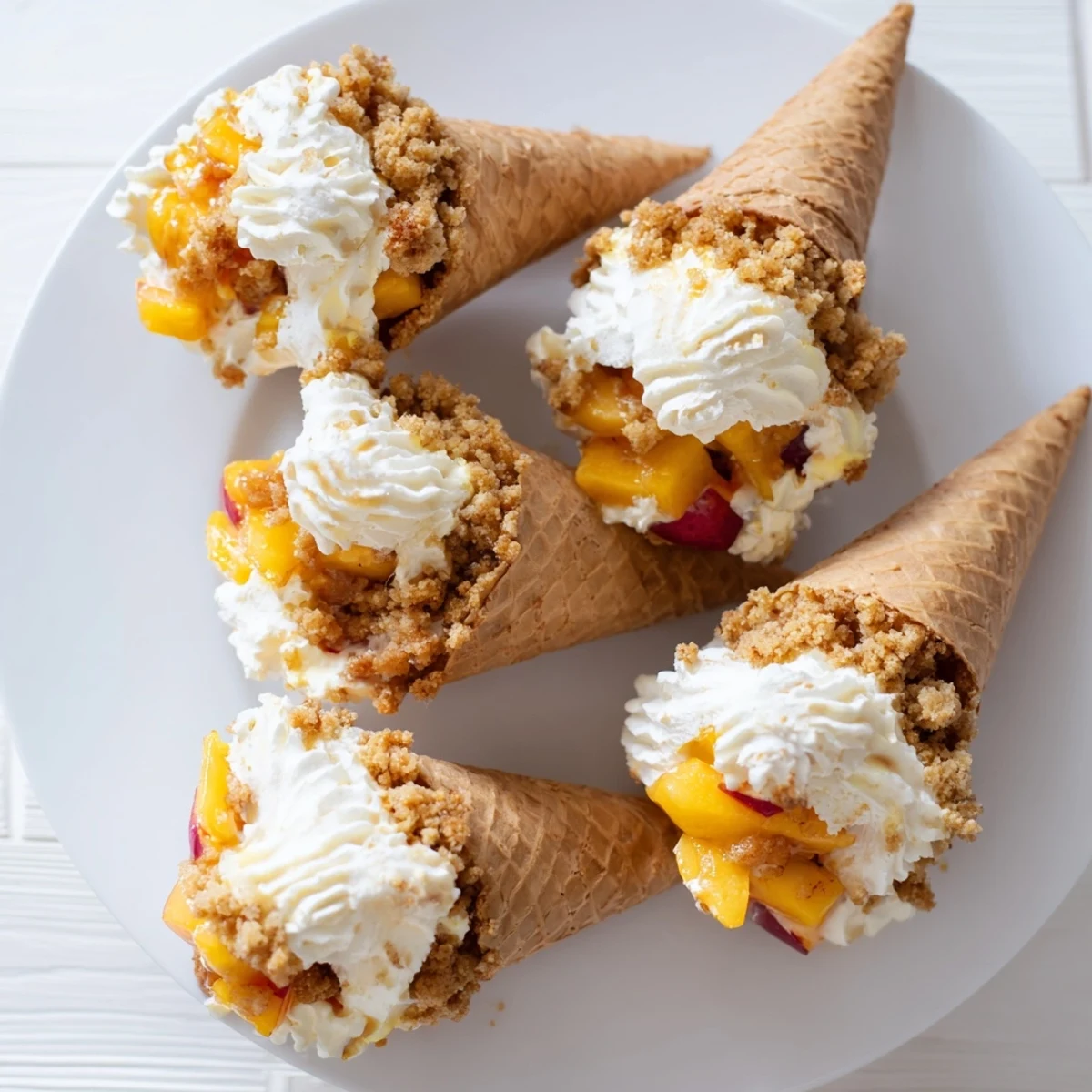 Crispy waffle cone overflowing with creamy cheesecake filling topped with cinnamon spiced peach cobbler