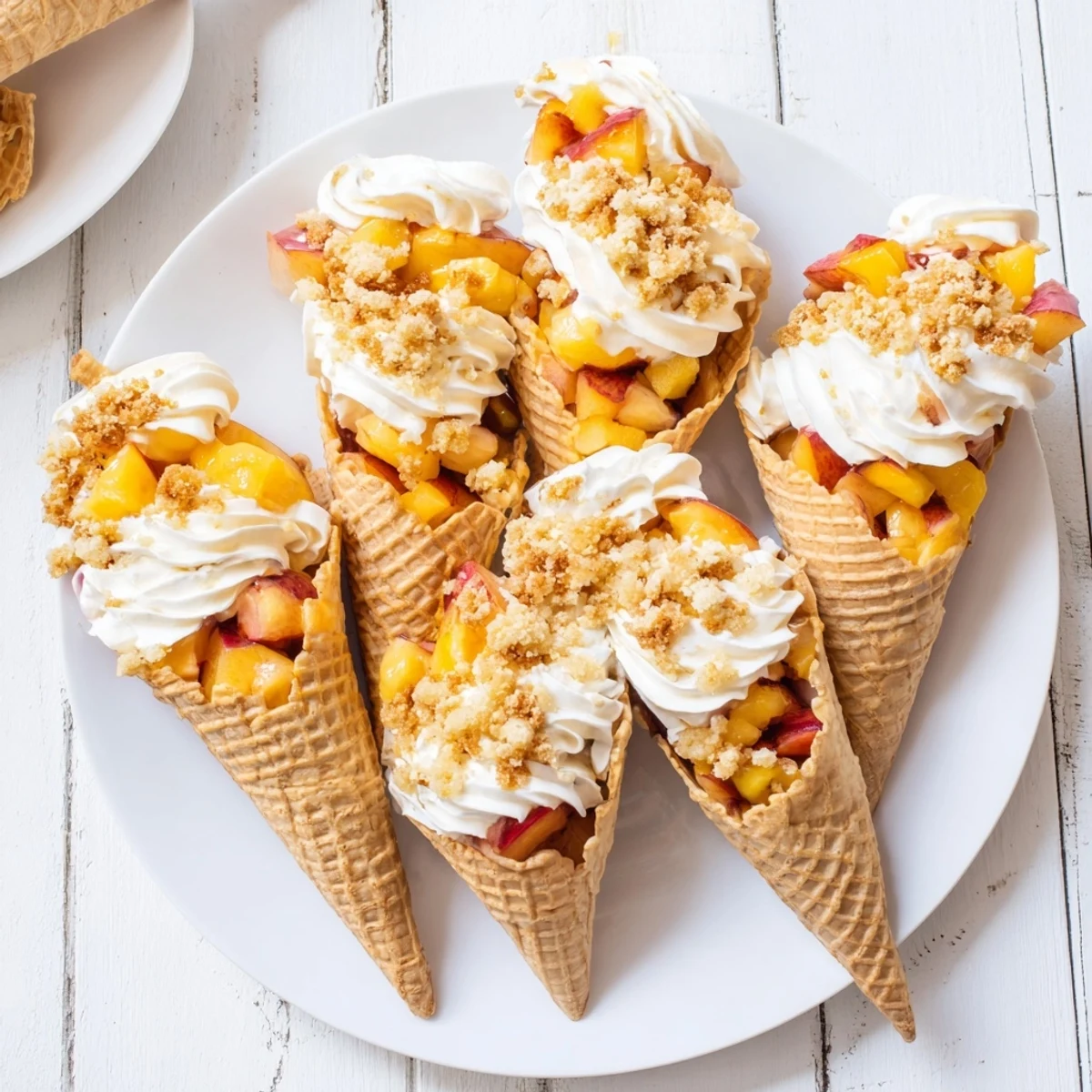 Golden waffle cones filled with fluffy vanilla cheesecake and warm sweet peach compote layers
