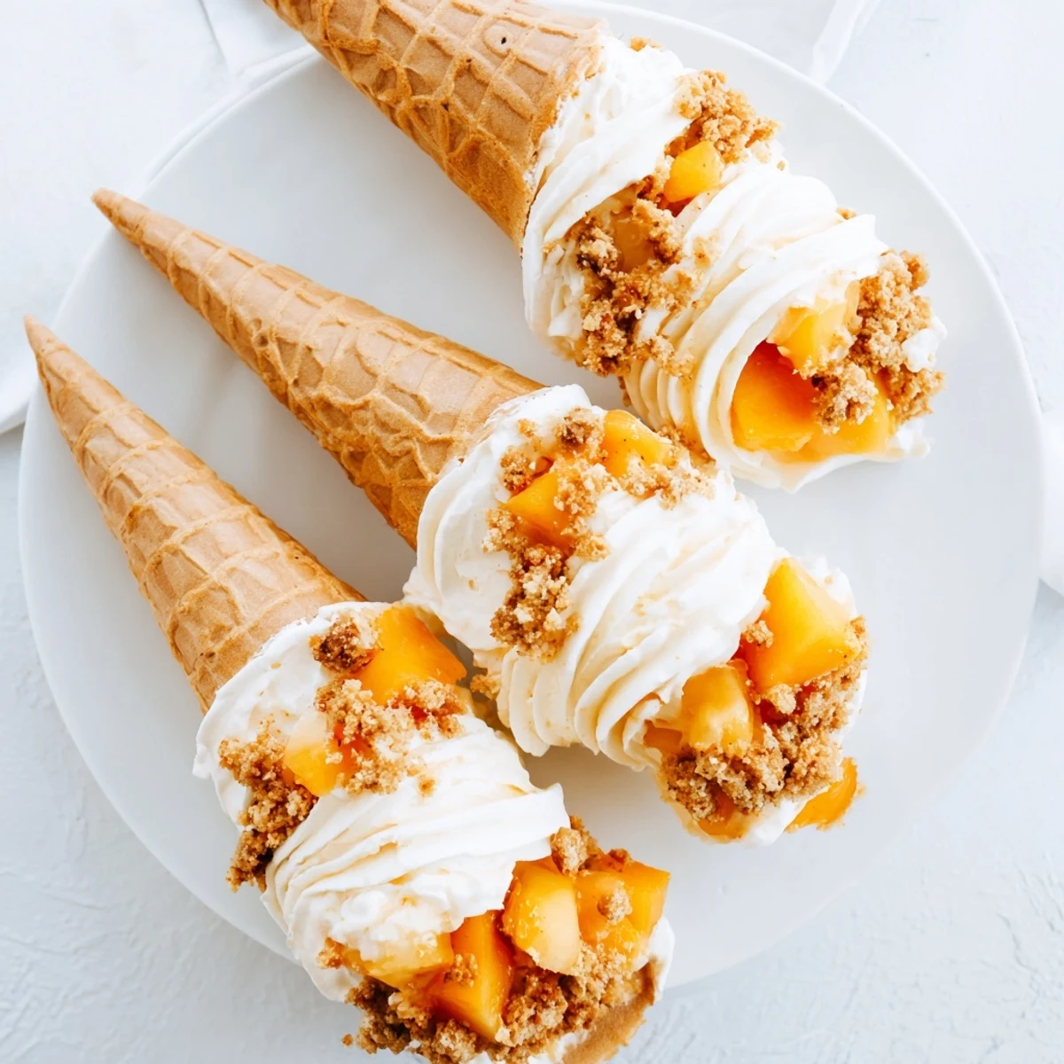 Handheld peach cobbler cheesecake cones featuring whipped cream and buttery graham cracker crumble garnish