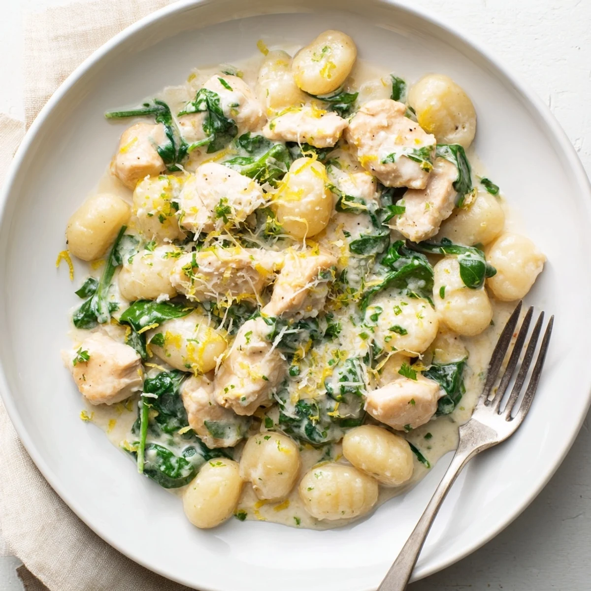 Golden one pan lemon chicken gnocchi in a creamy white sauce with fresh spinach
