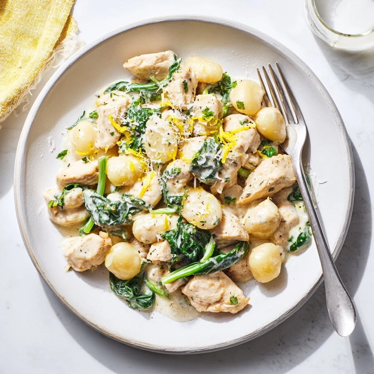 Skillet of tender lemon chicken gnocchi featuring pillowy pasta in bright garlic cream sauce