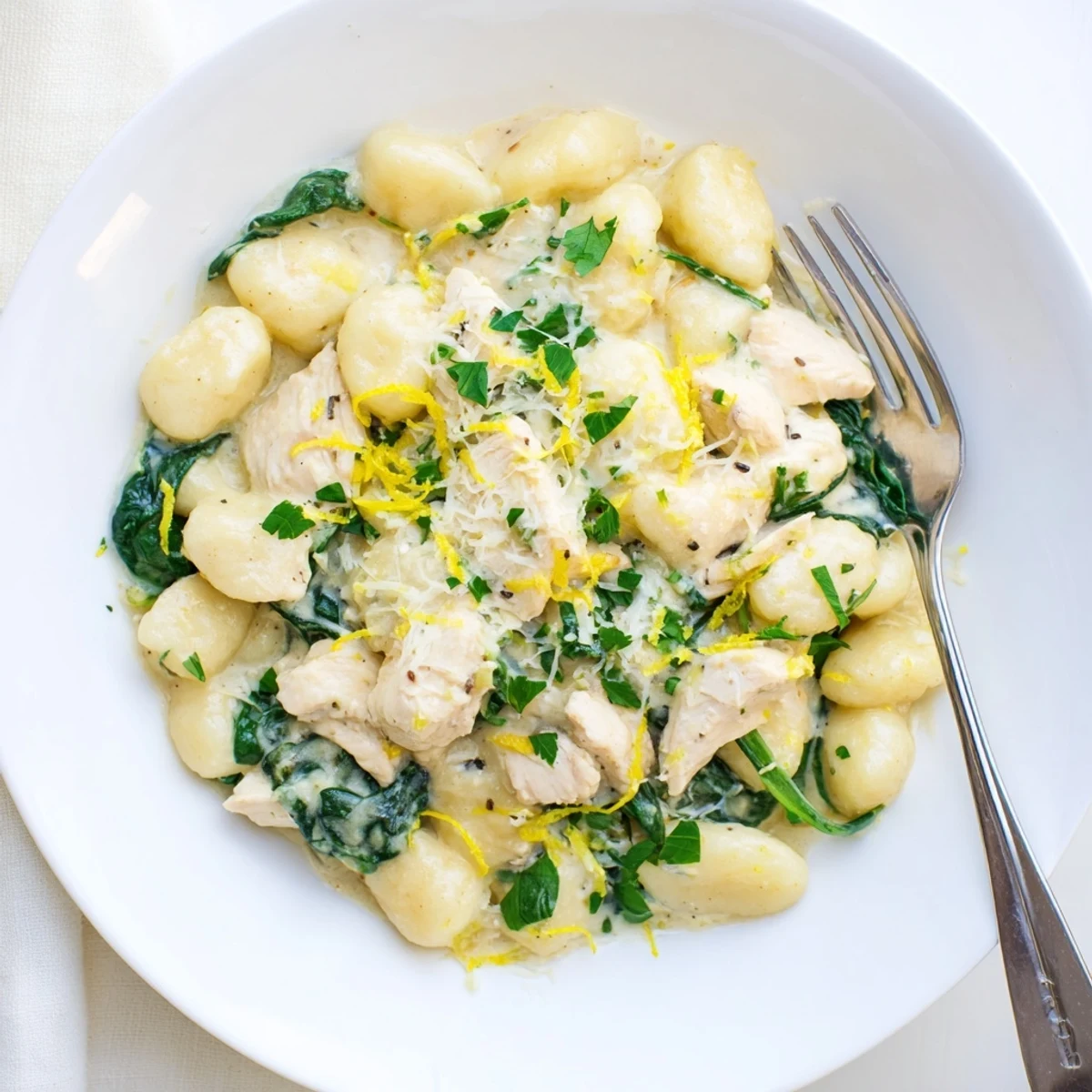 Creamy one pan lemon chicken gnocchi topped with parsley and served in a cast iron skillet