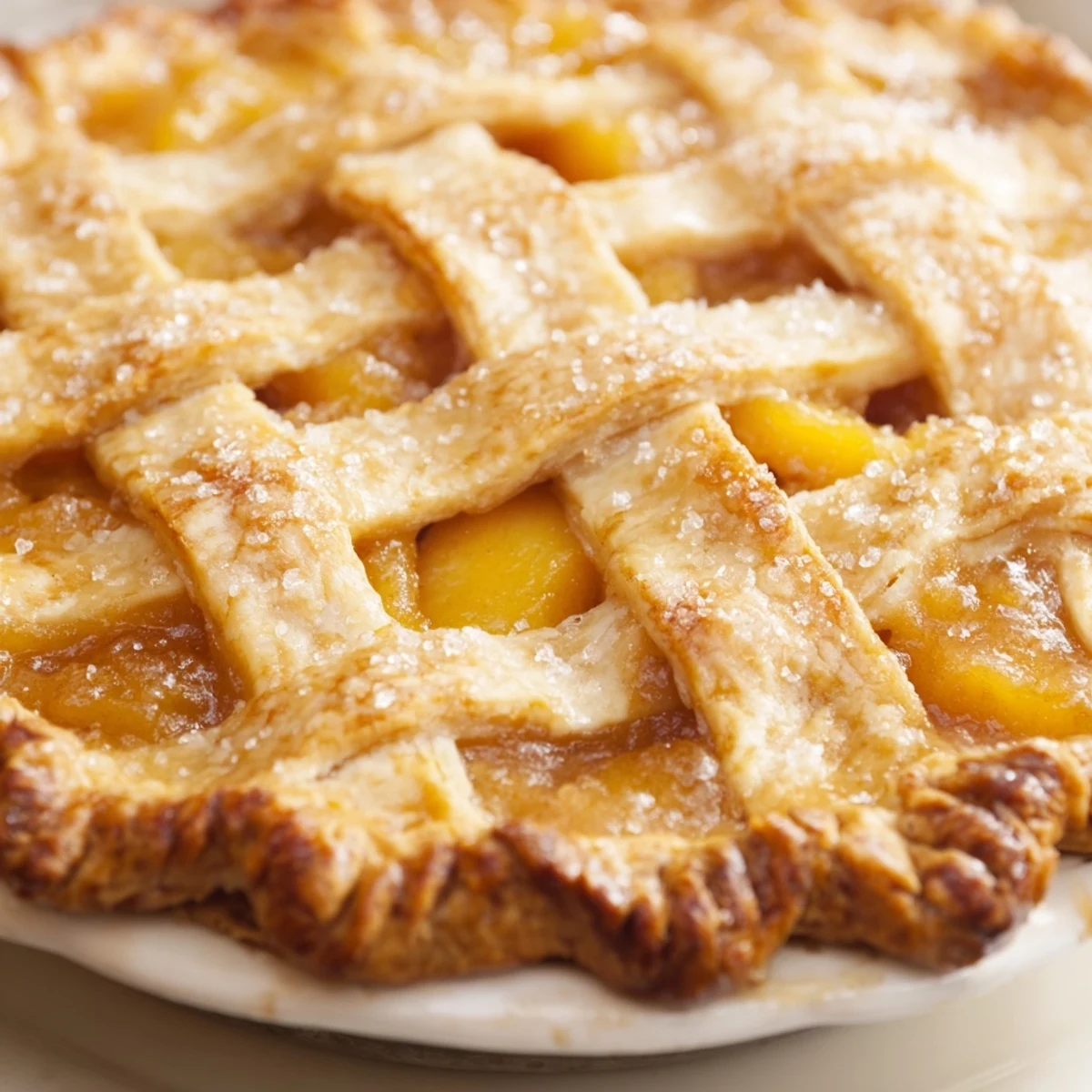 Golden brown Southern peach pie with bubbling fruit filling and flaky lattice crust