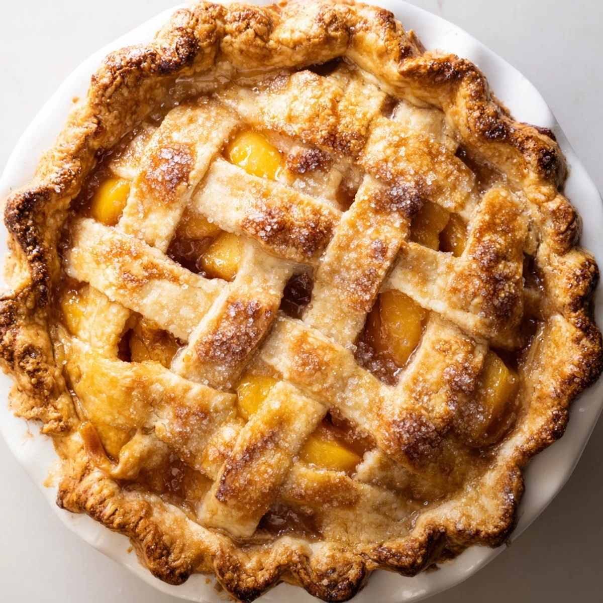 Slice of warm Southern peach pie served with vanilla ice cream on white plate