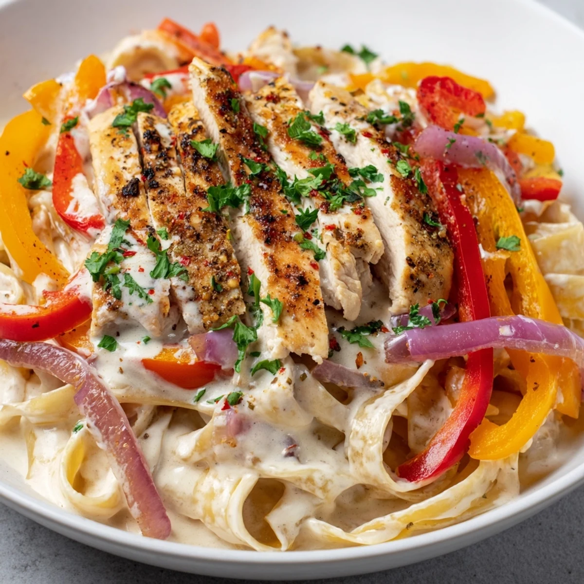 Homemade Southwest chicken Alfredo featuring smoky spiced chicken, sautéed vegetables, and rich Parmesan cream sauce tossed with fettuccine