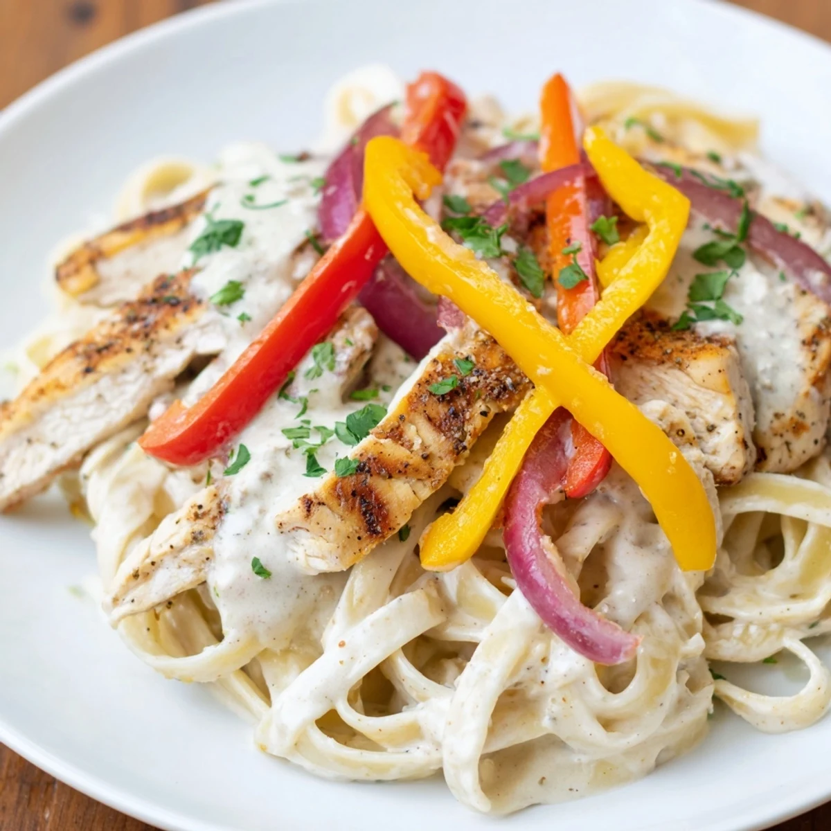 Golden brown spiced chicken breast slices atop creamy Southwest Alfredo pasta with red and yellow peppers and fresh cilantro garnish