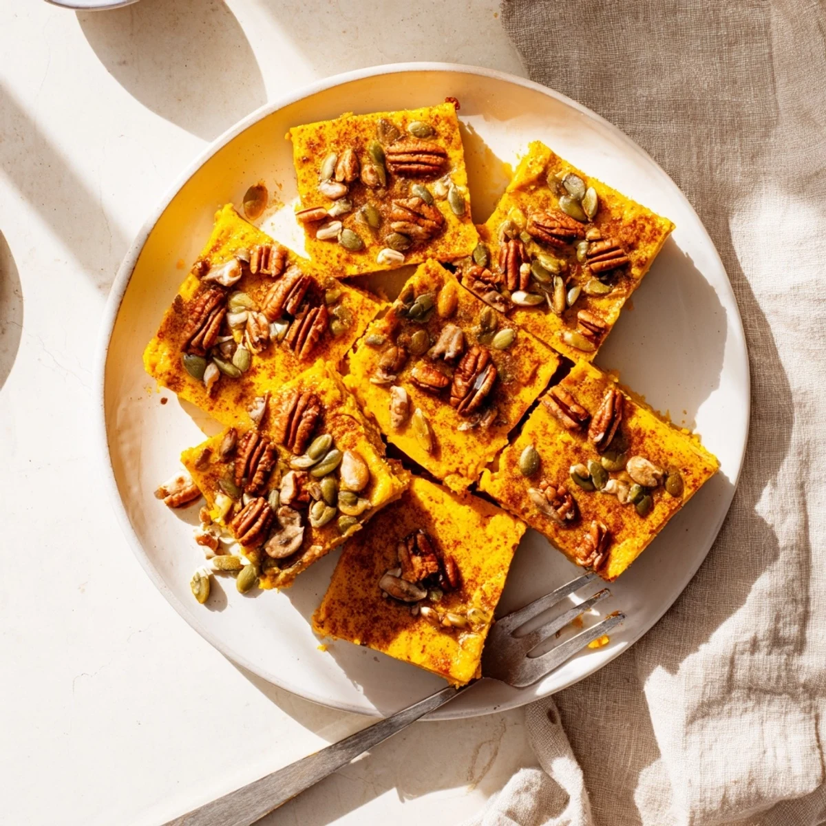 Creamy pumpkin bake spiced with cinnamon and nutmeg served in a square baking dish
