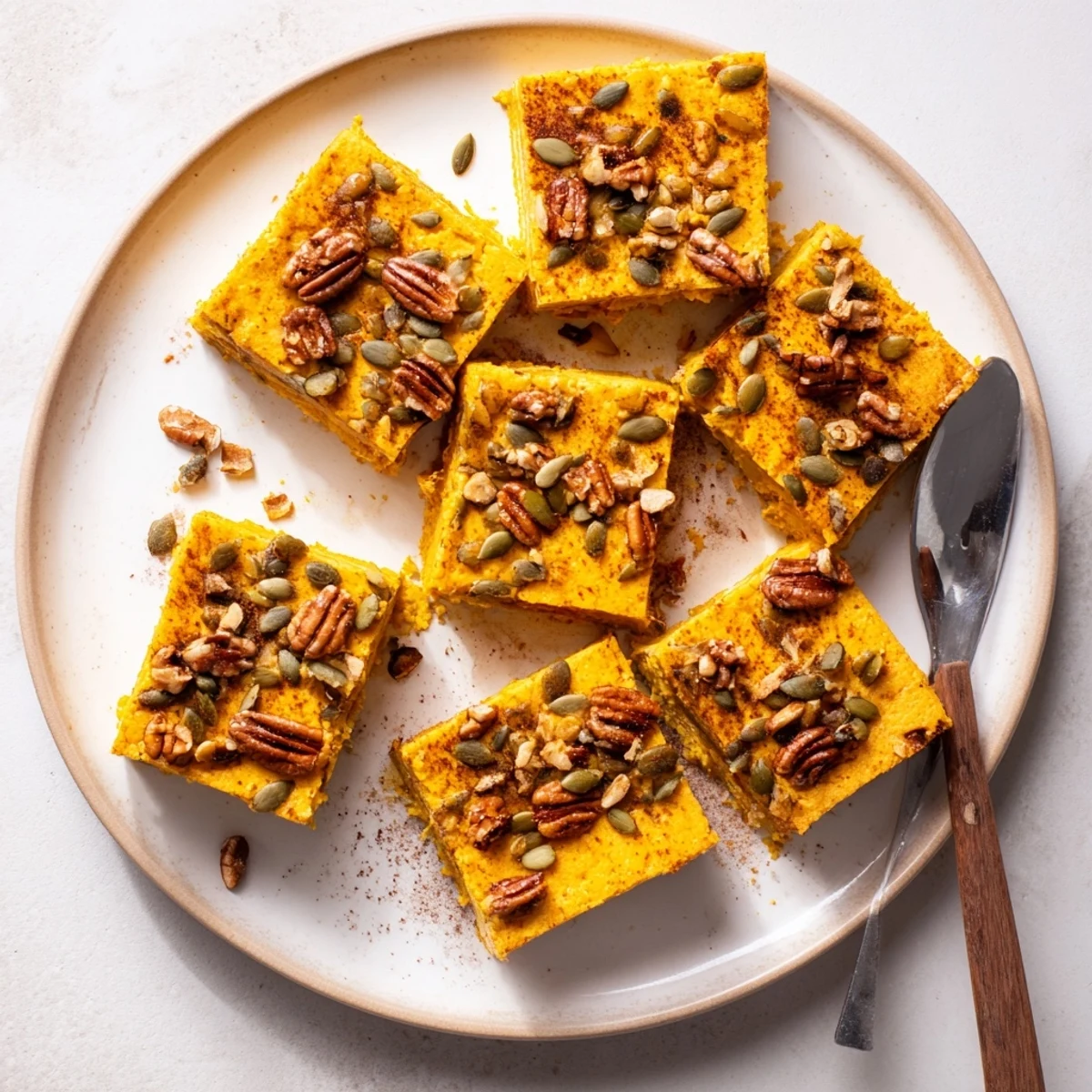 Golden brown high protein cottage cheese pumpkin bake topped with chopped pecans and pumpkin seeds