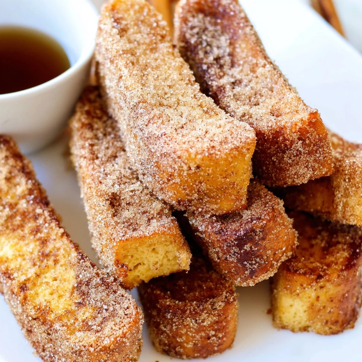 Golden cinnamon French toast sticks coated in sugar, ready for maple syrup dipping