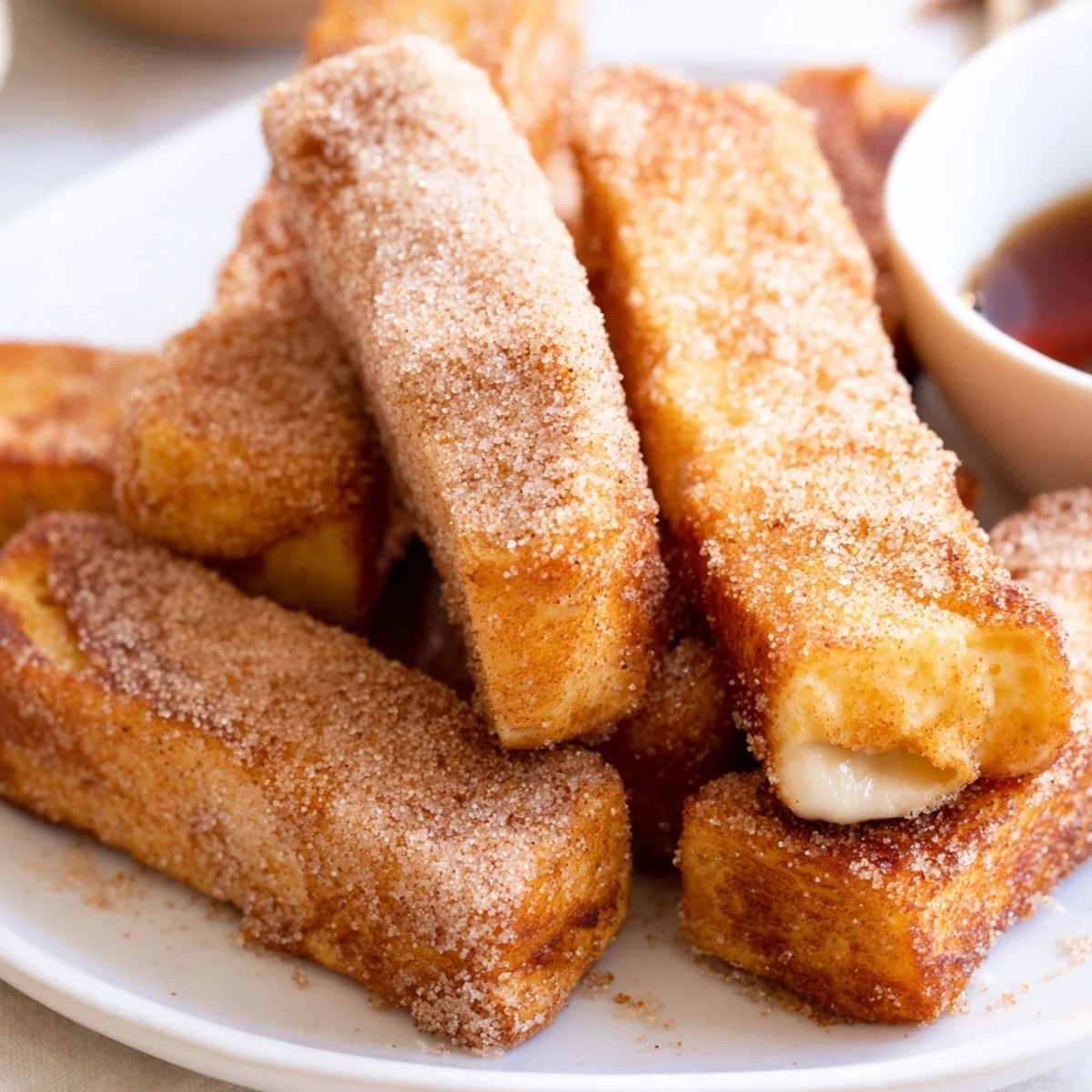 Crispy exterior cinnamon French toast sticks arranged on plate with syrup pour nearby
